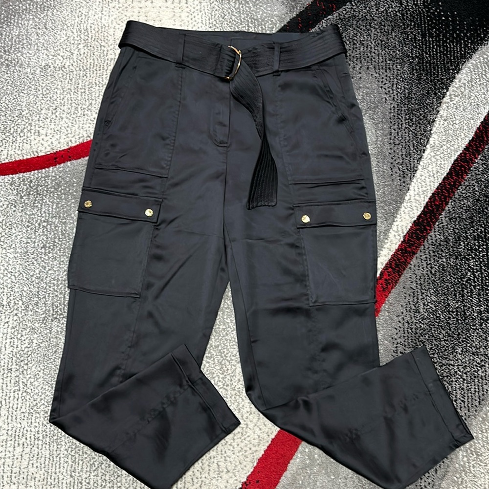 NWT WHBM Belted Tapered Utility Trouser Black Satin